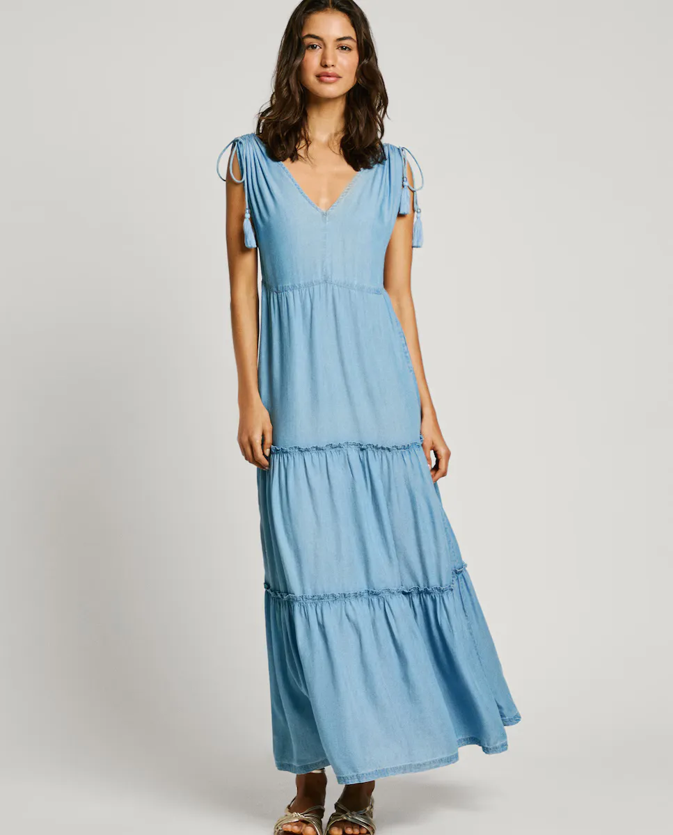 Длинное платье с V-образным вырезом и регулируемыми бретелями Pepe Jeans, синий 
Длинное платье с V-образным вырезом и регулируемыми бретелями Pepe Jeans, синий