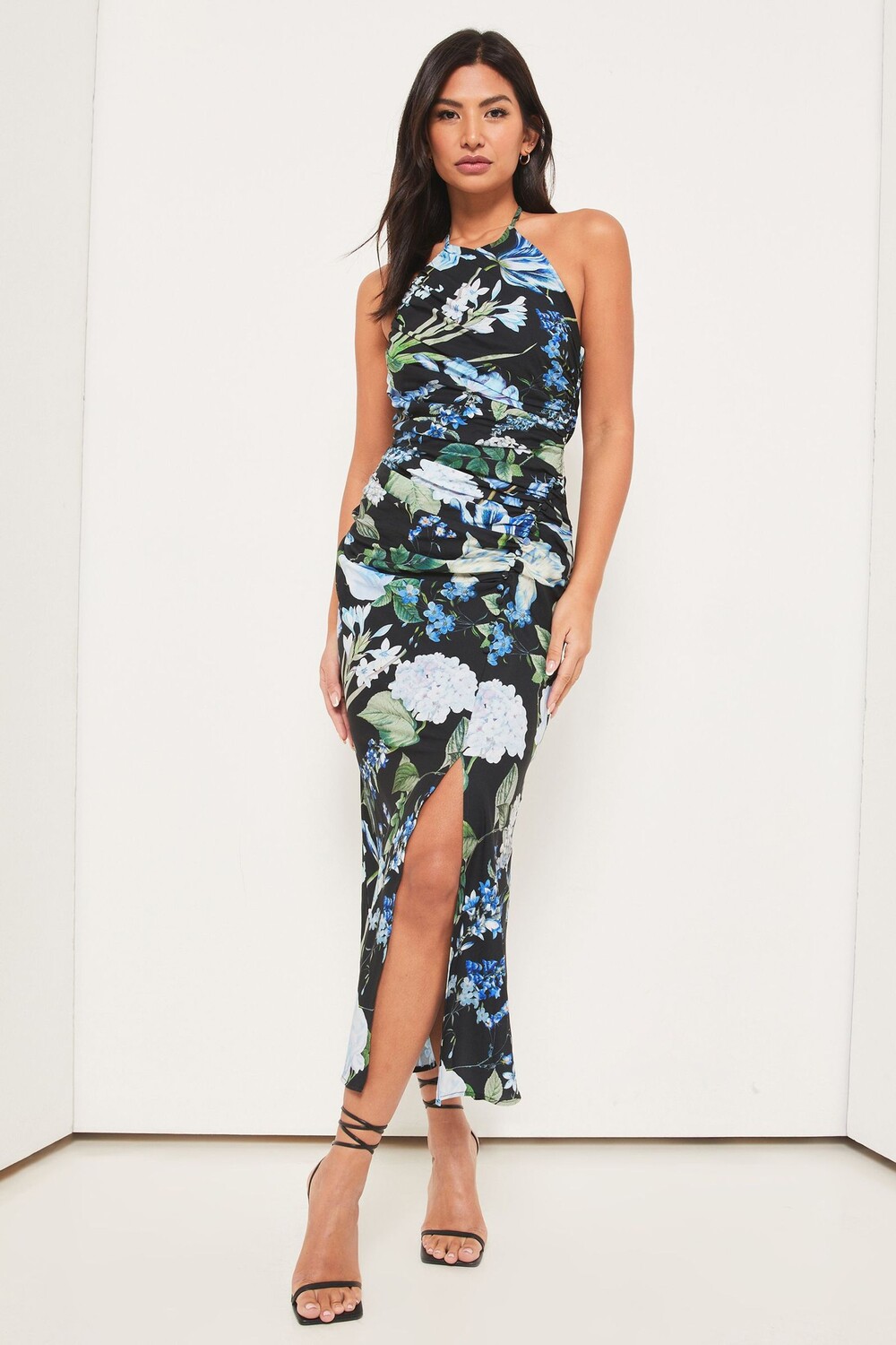 Платье миди с вырезом через шею и рюшами Lipsy, синий 
Платье миди с вырезом через шею и рюшами Lipsy, синий