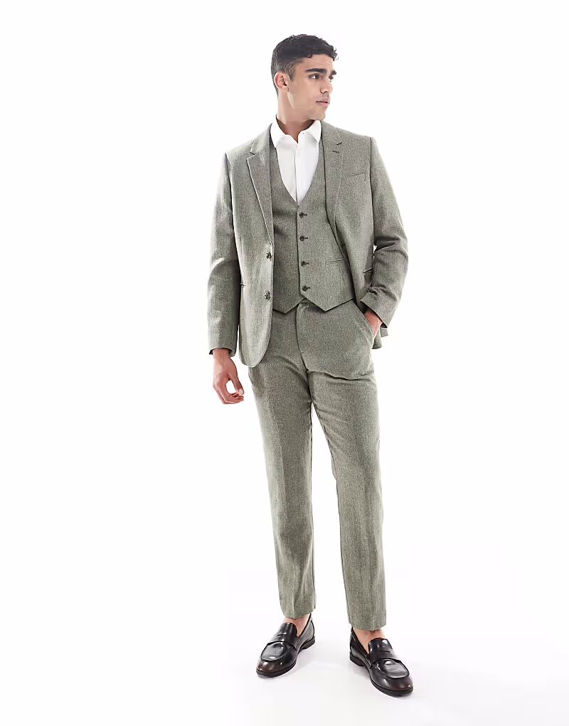 Узкие брюки из шерстяной ткани зеленого цвета с узором «в ёлочку» Asos Design
Узкие брюки из шерстяной ткани зеленого цвета с узором «в ёлочку» Asos Design