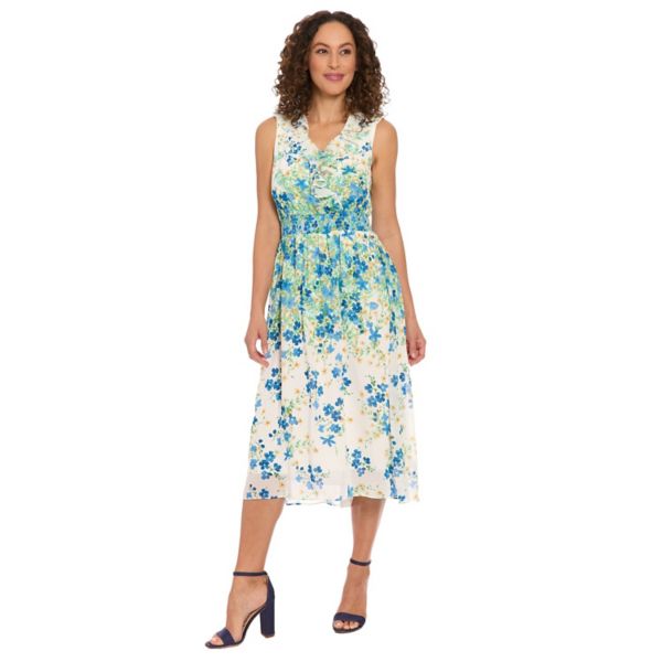 Женское платье миди с V-образным вырезом и присборенной талией London Times, цвет white blue 
Женское платье миди с V-образным вырезом и присборенной талией London Times, цвет white blue