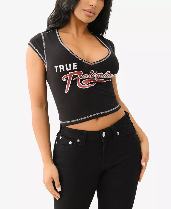 Женский топ с логотипом и рукавами-крылышками True Religion, черный 
Женский топ с логотипом и рукавами-крылышками True Religion, черный