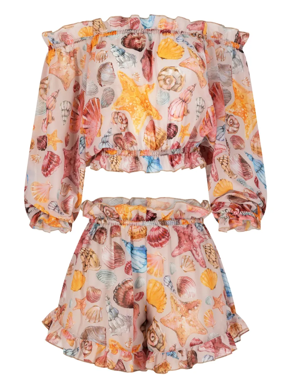 Пляжный комплект с принтом ракушек и оборками PARAMIDONNA
Пляжный комплект с принтом ракушек и оборками PARAMIDONNA