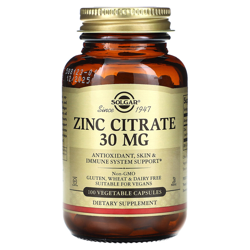 Solgar, Цитрат цинка, 30 мг, 100 вегетарианских капсул
Solgar, Цитрат цинка, 30 мг, 100 вегетарианских капсул