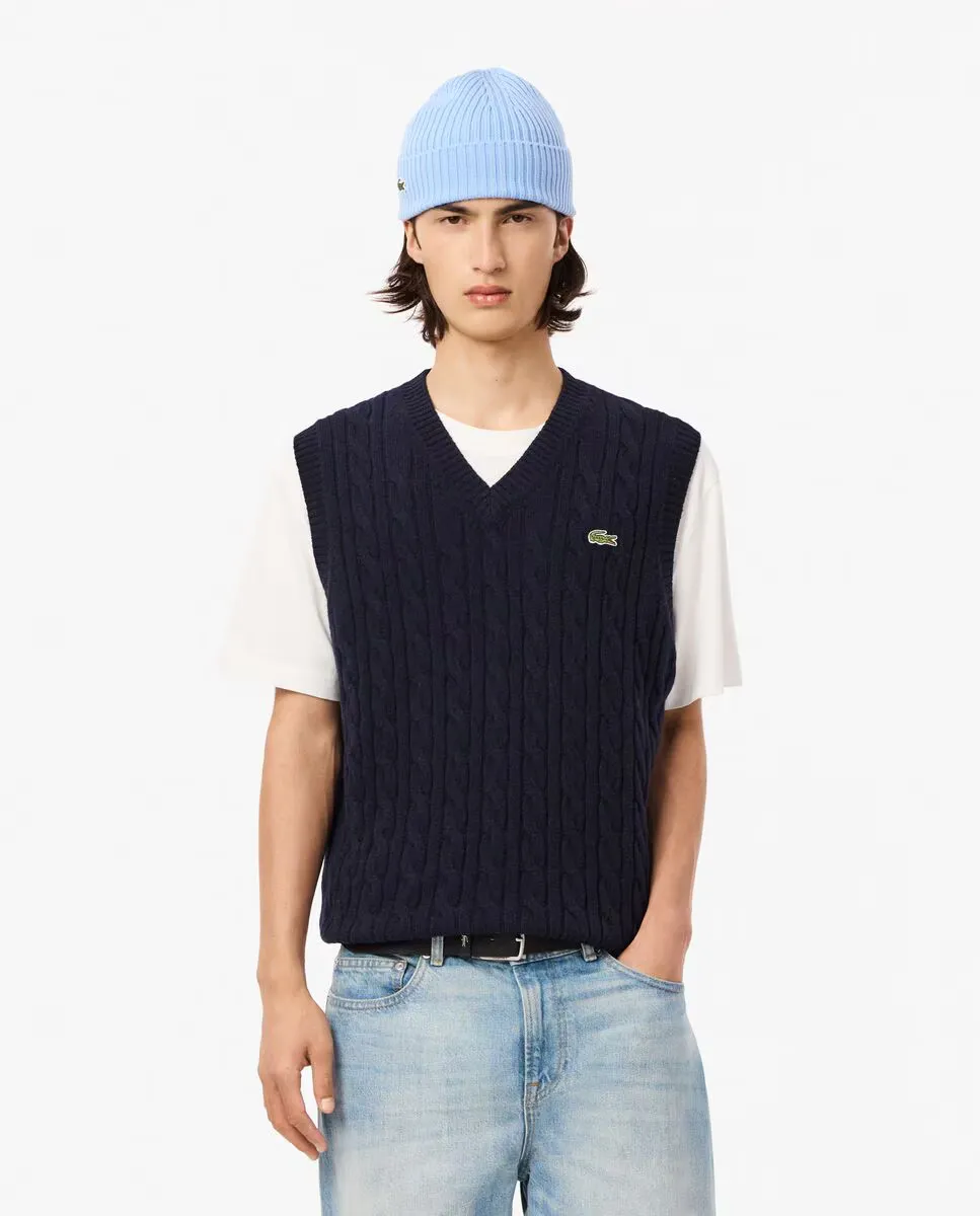 Мужской жилет из кардной шерсти с синим узором вязки «косы» Lacoste, темно-синий
Мужской жилет из кардной шерсти с синим узором вязки «косы» Lacoste, темно-синий