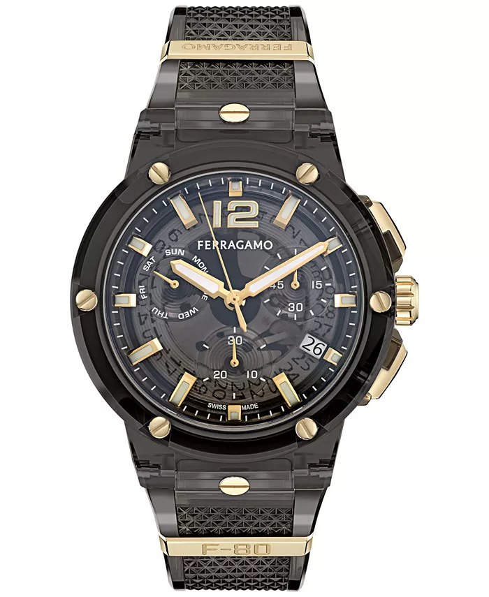 Мужские часы Swiss Chronograph F-80 с прозрачным черным полиуретановым ремешком, 44 мм Ferragamo
Мужские часы Swiss Chronograph F-80 с прозрачным черным полиуретановым ремешком, 44 мм Ferragamo