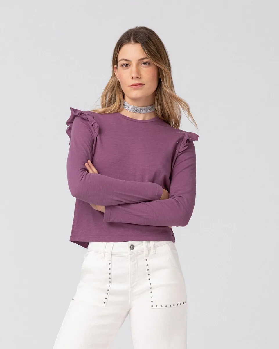 Женская футболка с длинным рукавом и рюшем Noon, баклажановый
Женская футболка с длинным рукавом и рюшем Noon, баклажановый