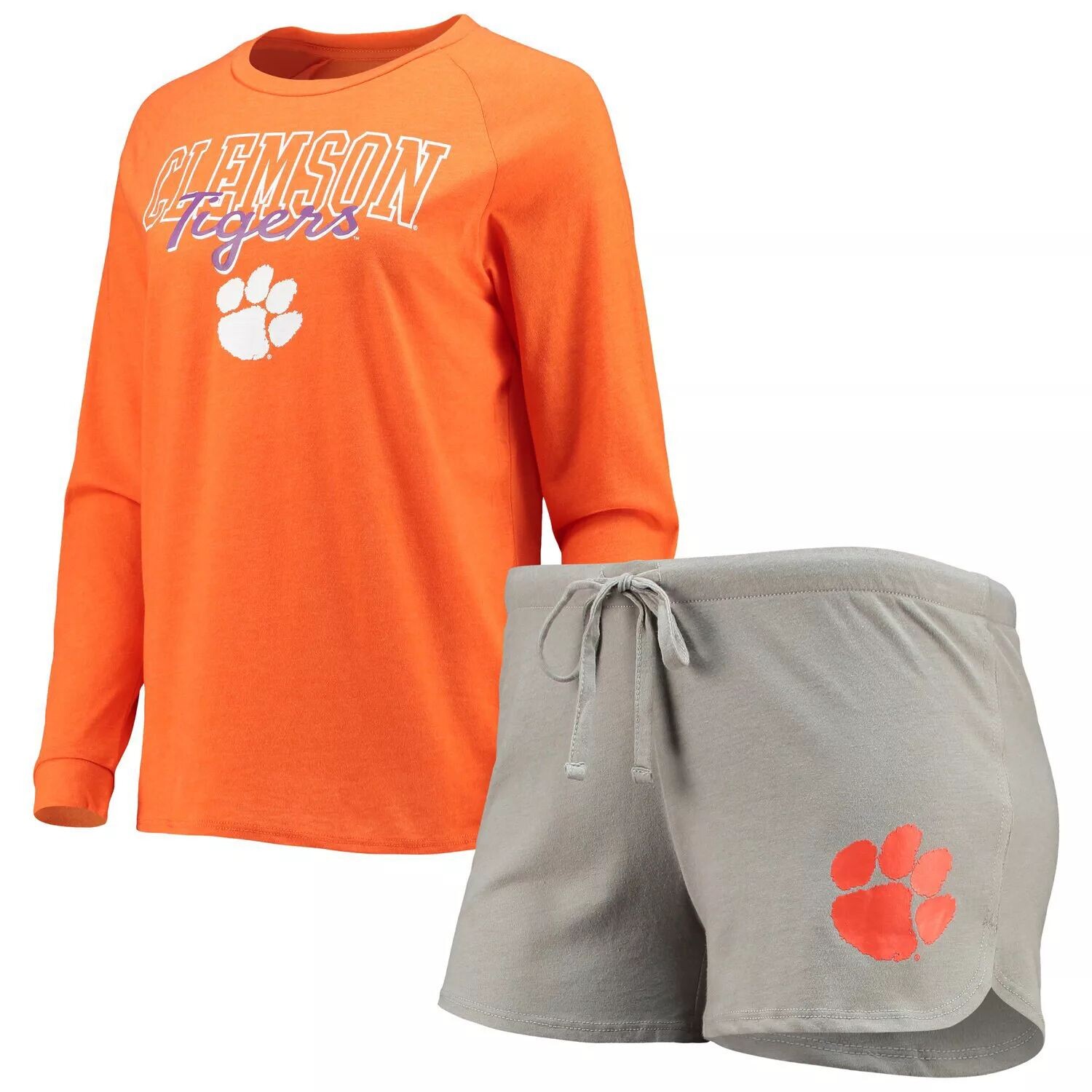 Женский спортивный комплект оранжевого/серого цвета Clemson Tigers реглан с длинными рукавами и шортами, комплект для сна
Женский спортивный комплект оранжевого/серого цвета Clemson Tigers реглан с длинными рукавами и шортами, комплект для сна