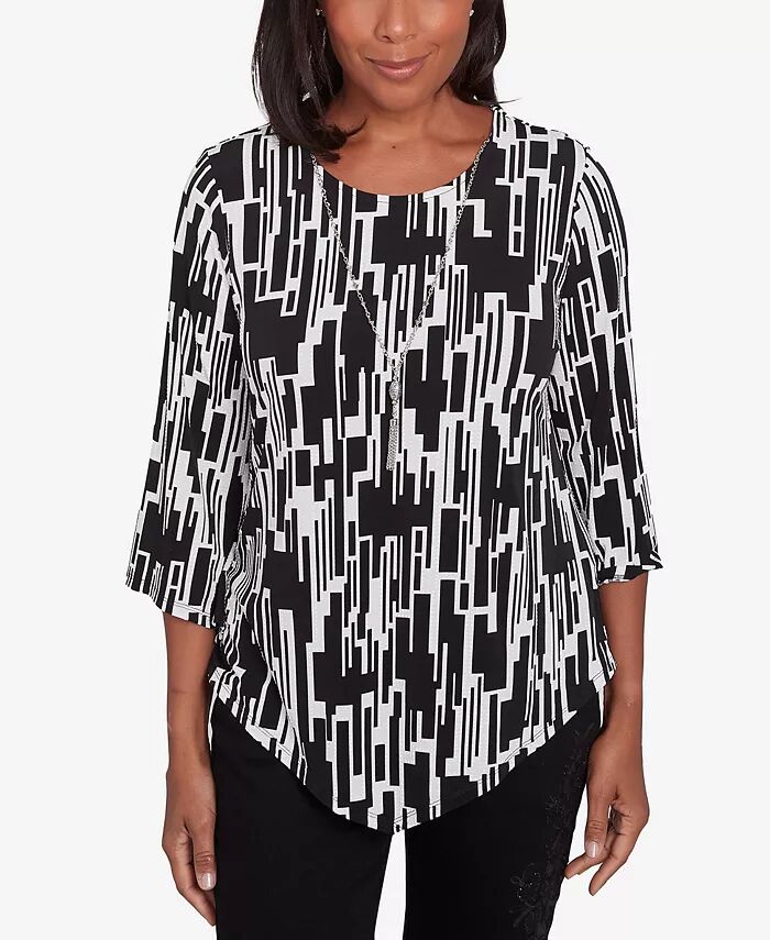 Женский классический топ с вертикальным геометрическим узором и ожерельем Alfred Dunner, черный 
Женский классический топ с вертикальным геометрическим узором и ожерельем Alfred Dunner, черный