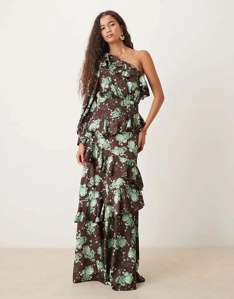 Платье макси True Decadence на одно плечо с оборками, многослойное, коричневого, серо-розового цвета