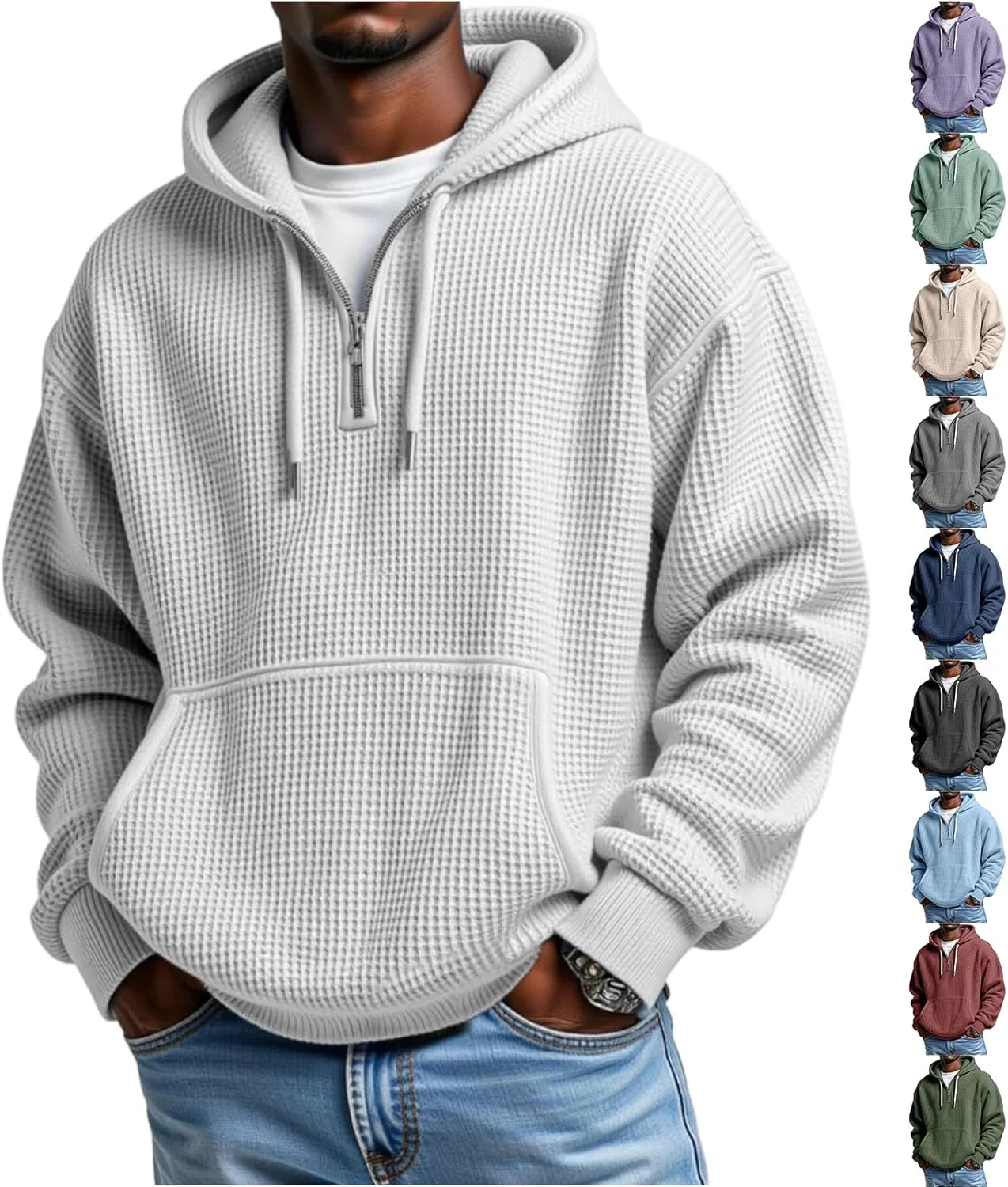 Мужской худи с капюшоном и молнией на четверть, вязаный вафельным узором hayudier
Мужской худи с капюшоном и молнией на четверть, вязаный вафельным узором hayudier