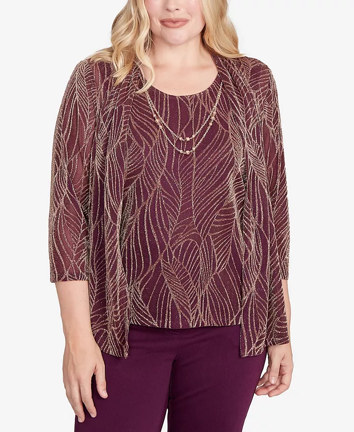 Женский топ Urban Legend Glitter Leaf «два в одном» с ожерельем Alfred Dunner, фиолетовый 
Женский топ Urban Legend Glitter Leaf «два в одном» с ожерельем Alfred Dunner, фиолетовый