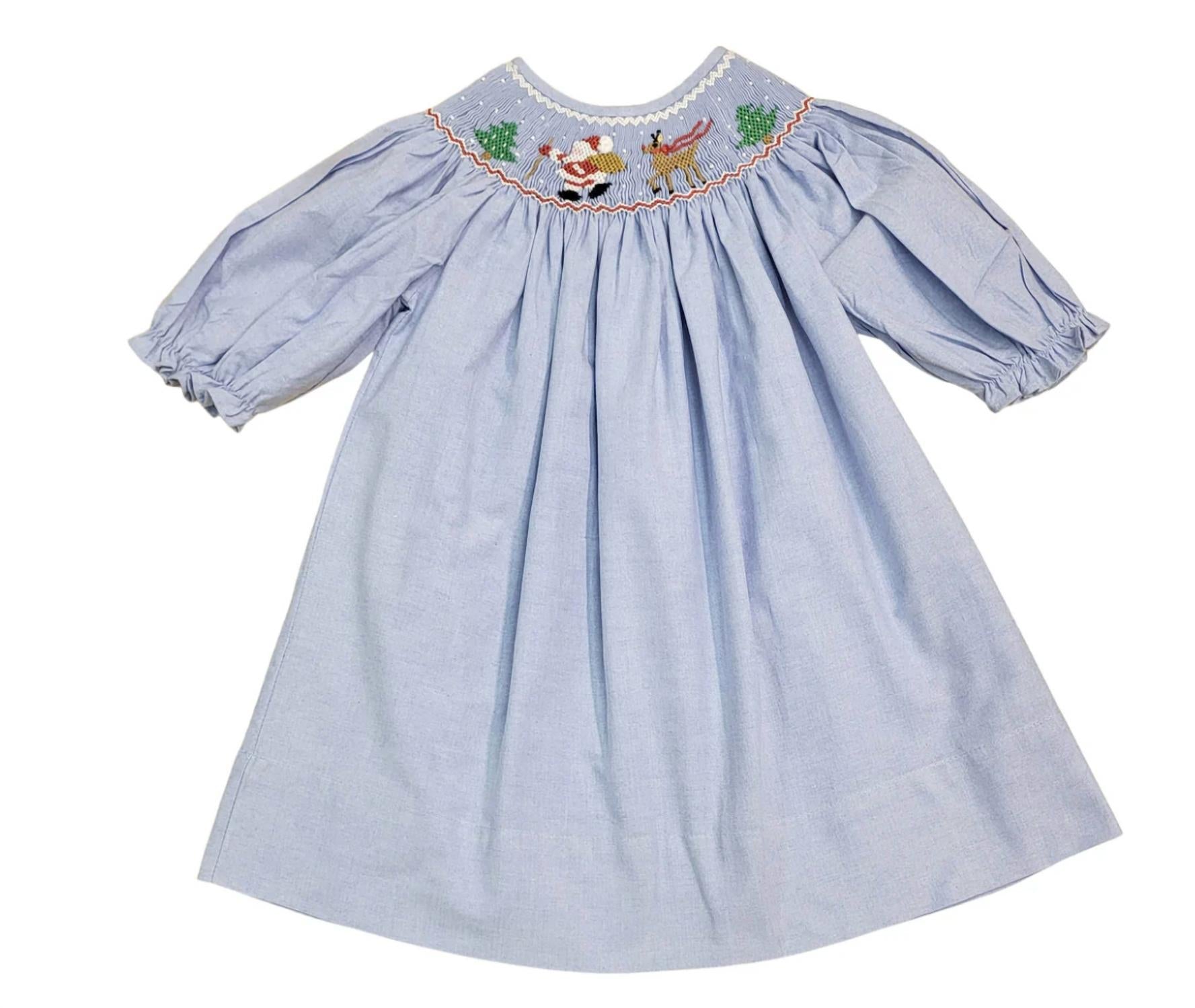 Детское платье из шамбре со сборкой "В гости к Санте" Sweet Dreams, Santa'S Coming