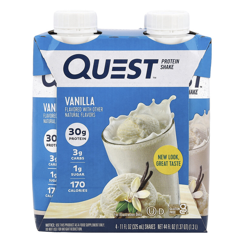 Quest Nutrition, Протеиновый коктейль, ваниль, 4 коктейля, 325 мл (11 жидк. унц.)
Quest Nutrition, Протеиновый коктейль, ваниль, 4 коктейля, 325 мл (11 жидк. унц.)
