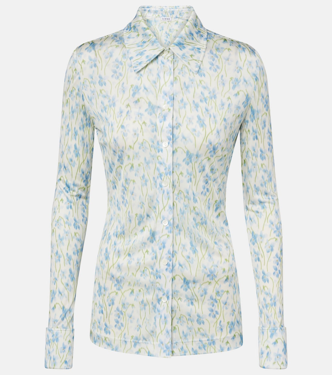 Флоральная атласная джерси рубашка Loewe, White/Blue
Флоральная атласная джерси рубашка Loewe, White/Blue
