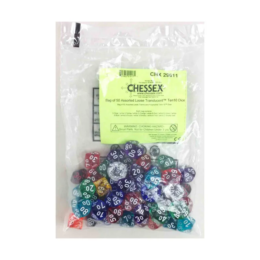 Полупрозрачный многогранник d10 с кубиками 00-90 (50) Пересмотренный, Dice - Bags of Dice (Assorted Colors) (Chessex)
Полупрозрачный многогранник d10 с кубиками 00-90 (50) Пересмотренный, Dice - Bags of Dice (Assorted Colors) (Chessex)