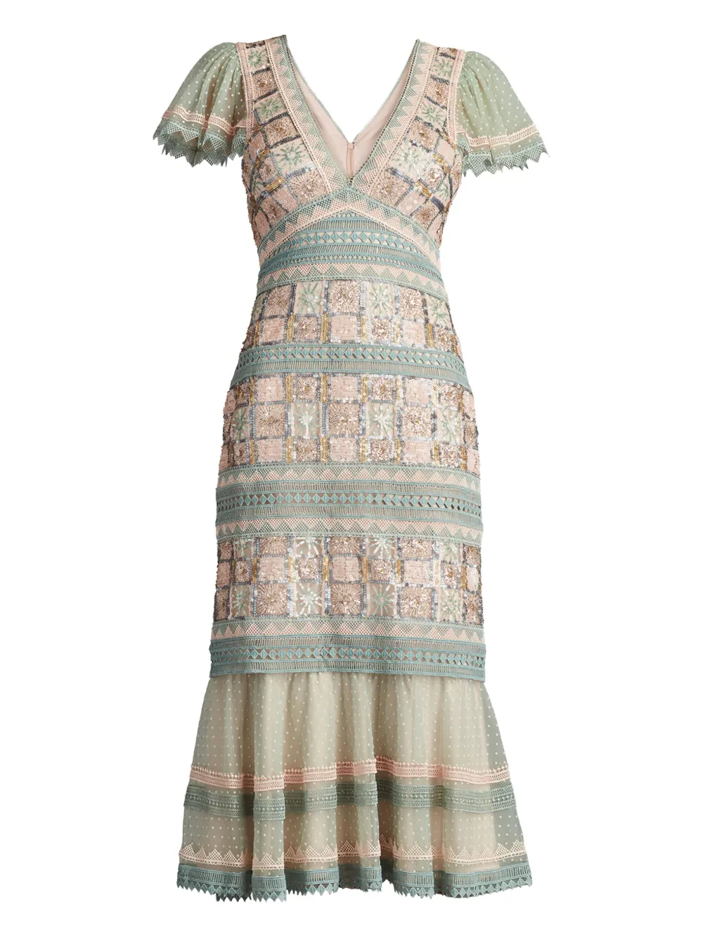 Платье с V-образным вырезом и цветочной вышивкой Tadashi Shoji, зеленый 
Платье с V-образным вырезом и цветочной вышивкой Tadashi Shoji, зеленый