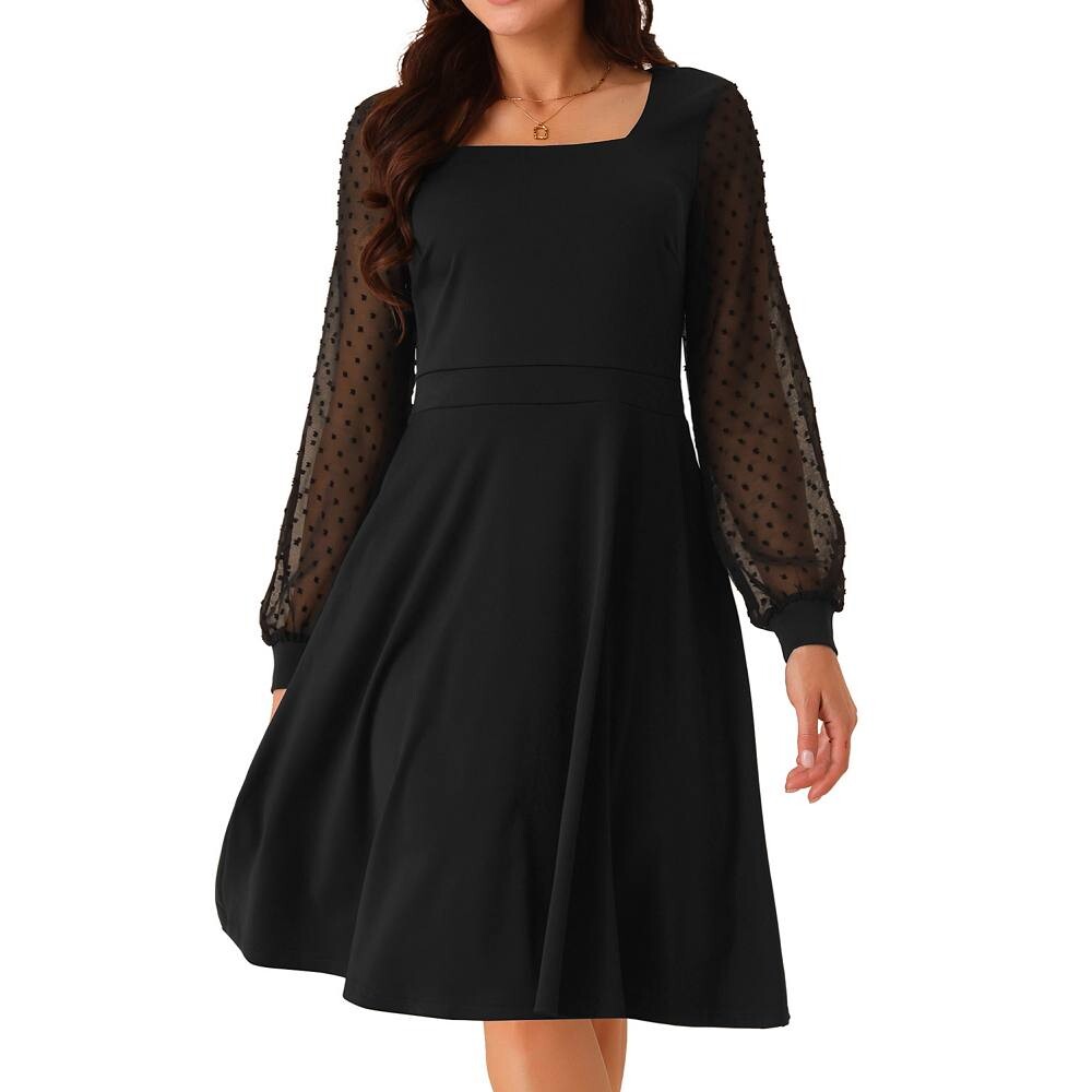 Женское повседневное платье длиной до колена с длинным рукавом и квадратным вырезом в горошек с карманами Seta T, черный 
Женское повседневное платье длиной до колена с длинным рукавом и квадратным вырезом в горошек с карманами Seta T, черный