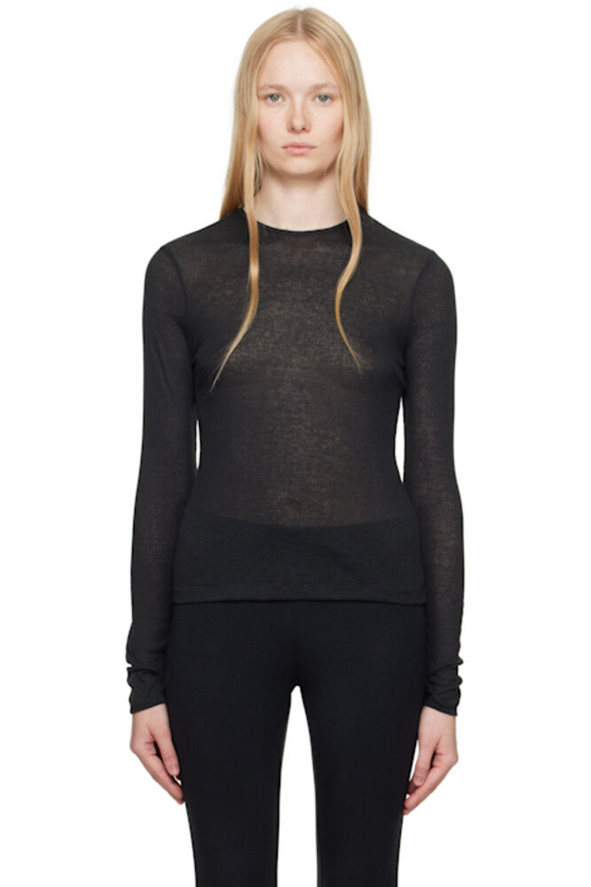 Черная прозрачная хлопковая футболка с длинным рукавом SKIMS
Черная прозрачная хлопковая футболка с длинным рукавом SKIMS