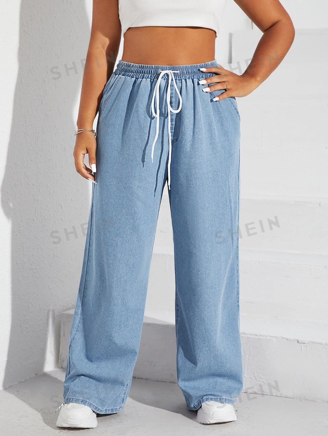 Джинсы EZwear Plus, талия на кулиске, широкие штанины Shein, светло-голубой
Джинсы EZwear Plus, талия на кулиске, широкие штанины Shein, светло-голубой