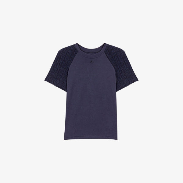 Футболка Maje из хлопкового джерси с рукавами из твида, синий
Футболка Maje из хлопкового джерси с рукавами из твида, синий