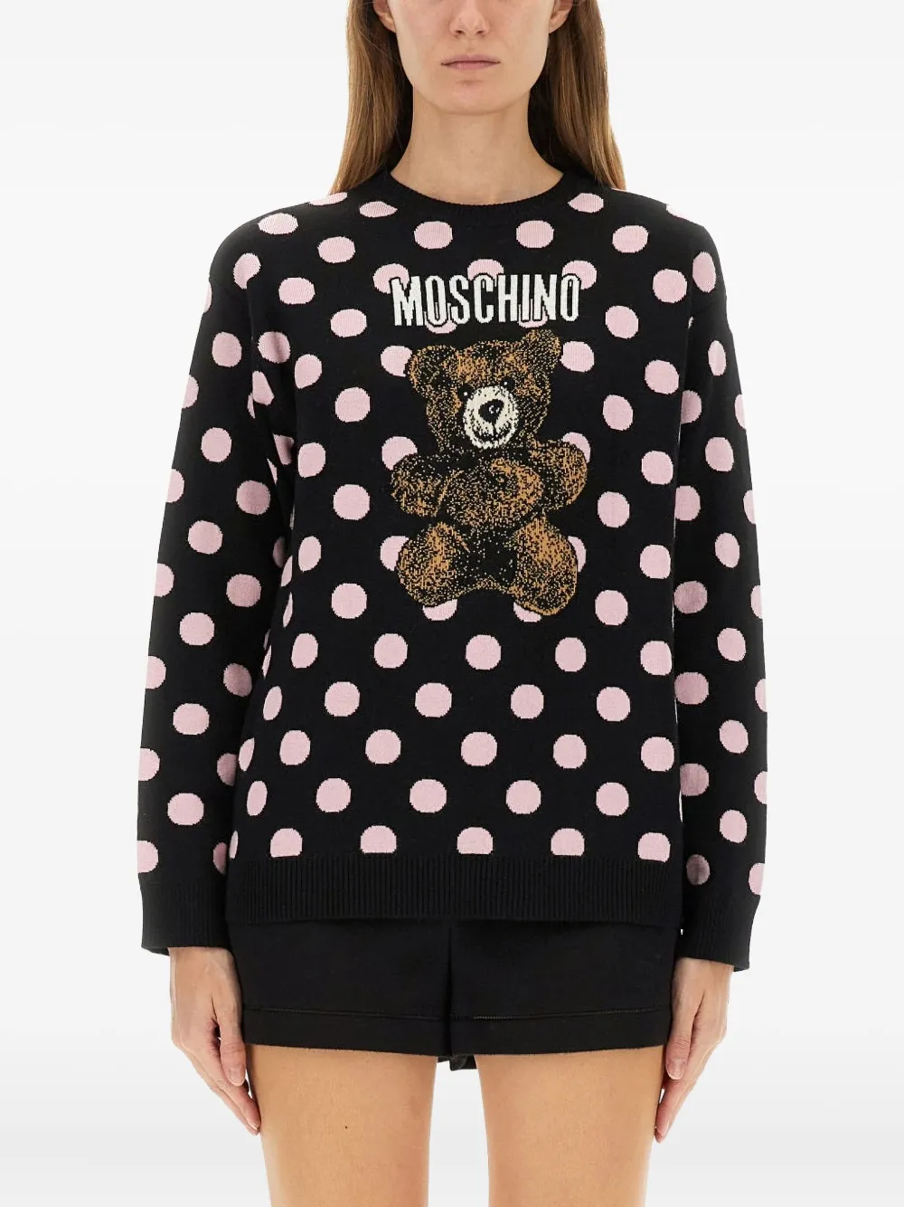 Свитер с горошком и отделкой в виде мишки Moschino, черный
Свитер с горошком и отделкой в виде мишки Moschino, черный