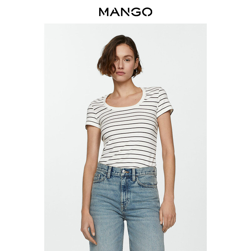 Женская футболка Mango полосатая хлопковая, синий 
Женская футболка Mango полосатая хлопковая, синий
