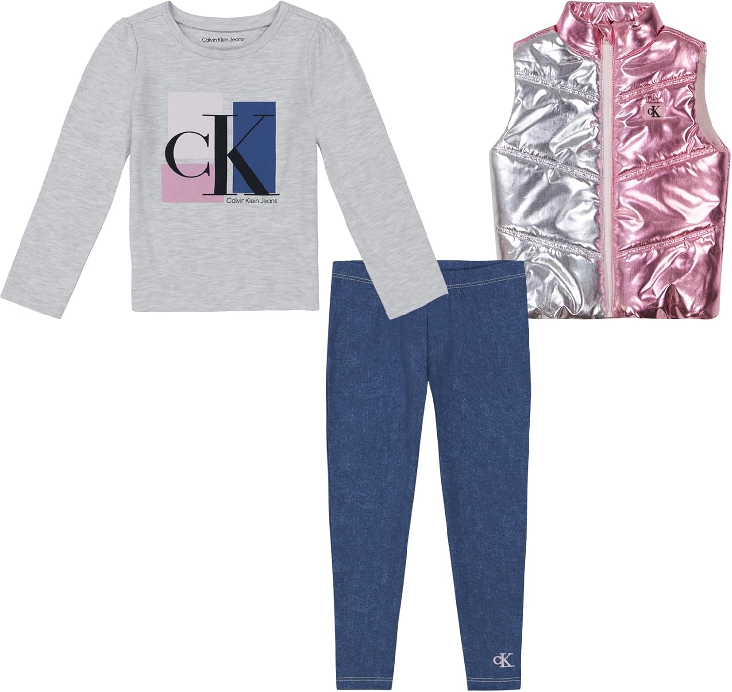 Комплект из 3 предметов: жилет-брюки Calvin Klein для девочек, Silver/Light Gray Heather/Medium Wash
Комплект из 3 предметов: жилет-брюки Calvin Klein для девочек, Silver/Light Gray Heather/Medium Wash
