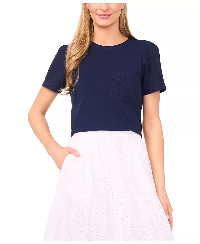 Женская хлопковая футболка с кружевными рукавами и накладными карманами CeCe, синий
Женская хлопковая футболка с кружевными рукавами и накладными карманами CeCe, синий