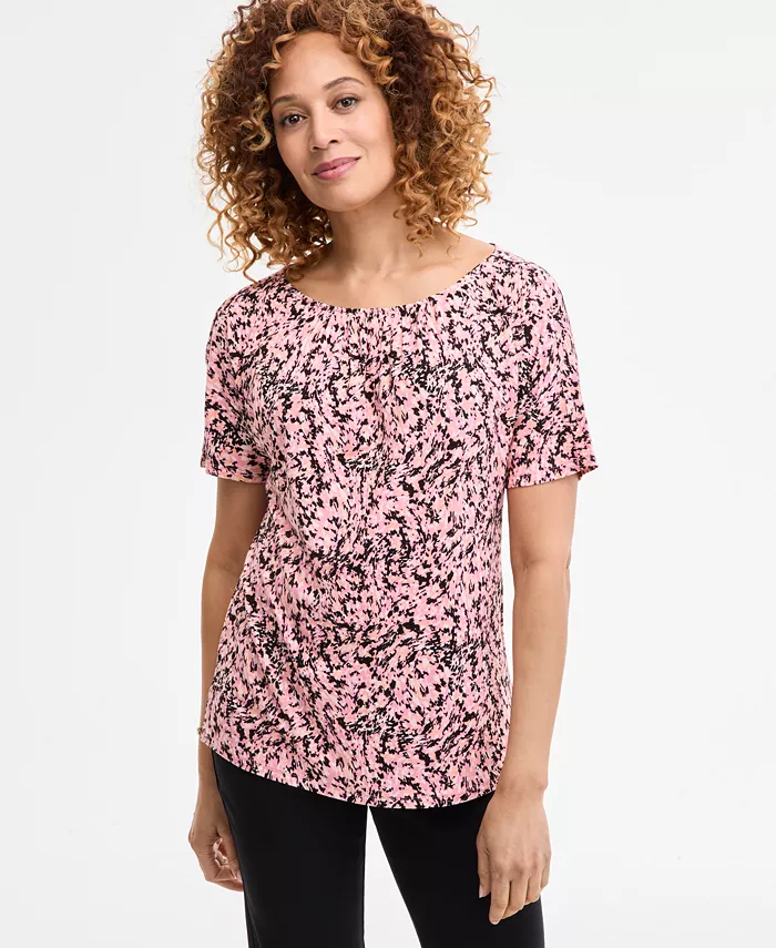 Женская блузка с принтом и складками на воротнике, с короткими рукавами JM Collection, розовый 
Женская блузка с принтом и складками на воротнике, с короткими рукавами JM Collection, розовый
