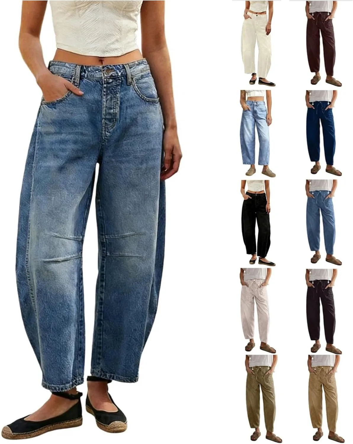 Женские джинсы с широкими штанинами и эластичным поясом
Женские джинсы с широкими штанинами и эластичным поясом