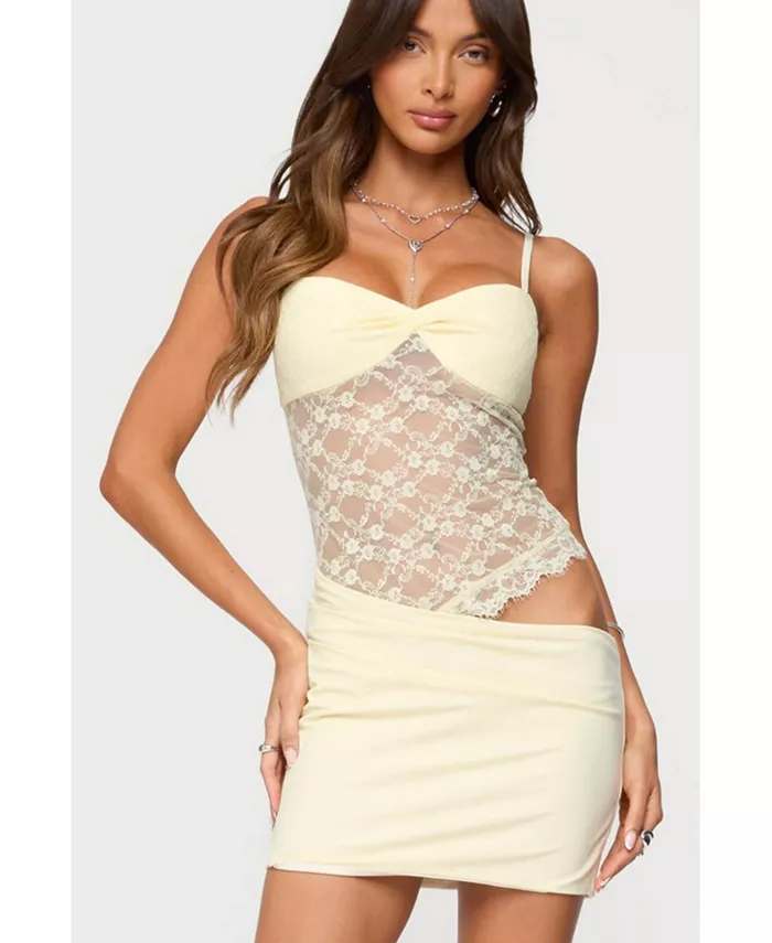 Женское прозрачное кружевное асимметричное мини-платье Edikted, желтый
Женское прозрачное кружевное асимметричное мини-платье Edikted, желтый