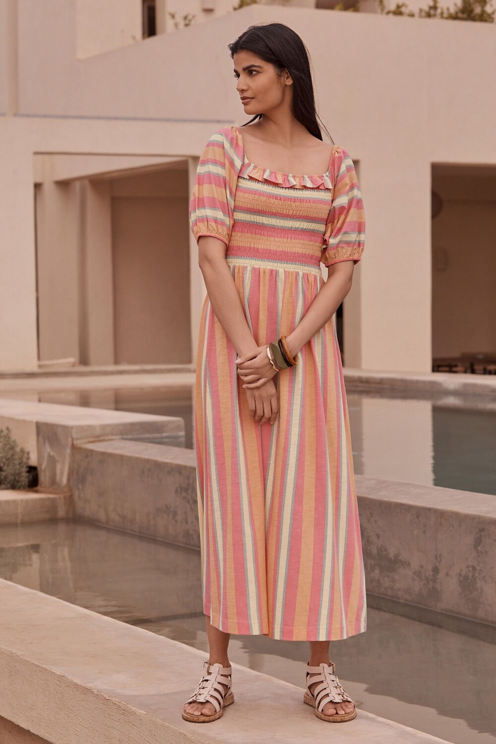 Платье миди из 100 % хлопка с пышными рукавами и квадратным вырезом Next, розовый 
Платье миди из 100 % хлопка с пышными рукавами и квадратным вырезом Next, розовый