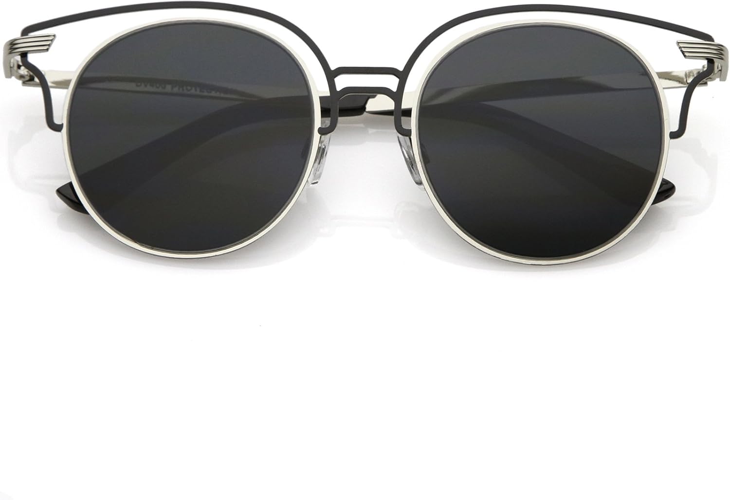 Солнцезащитные очки zeroUV с уникальными металлическими вставками, круглыми линзами нейтрального цвета и плоским дизайном «кошачий глаз», диаметр линз 50 мм, Silver Black / Smoke
Солнцезащитные очки zeroUV с уникальными металлическими вставками, круглыми линзами нейтрального цвета и плоским дизайном «кошачий глаз», диаметр линз 50 мм, Silver Black / Smoke