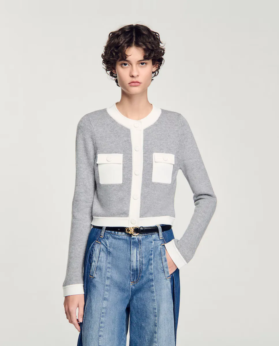 Двухцветный женский кардиган с круглым вырезом Sandro, серый
Двухцветный женский кардиган с круглым вырезом Sandro, серый