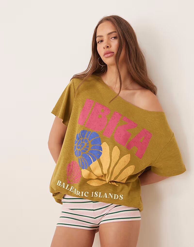 Футболка с открытыми плечами ASOS DESIGN зеленого цвета с графическим принтом Ибицы
Футболка с открытыми плечами ASOS DESIGN зеленого цвета с графическим принтом Ибицы