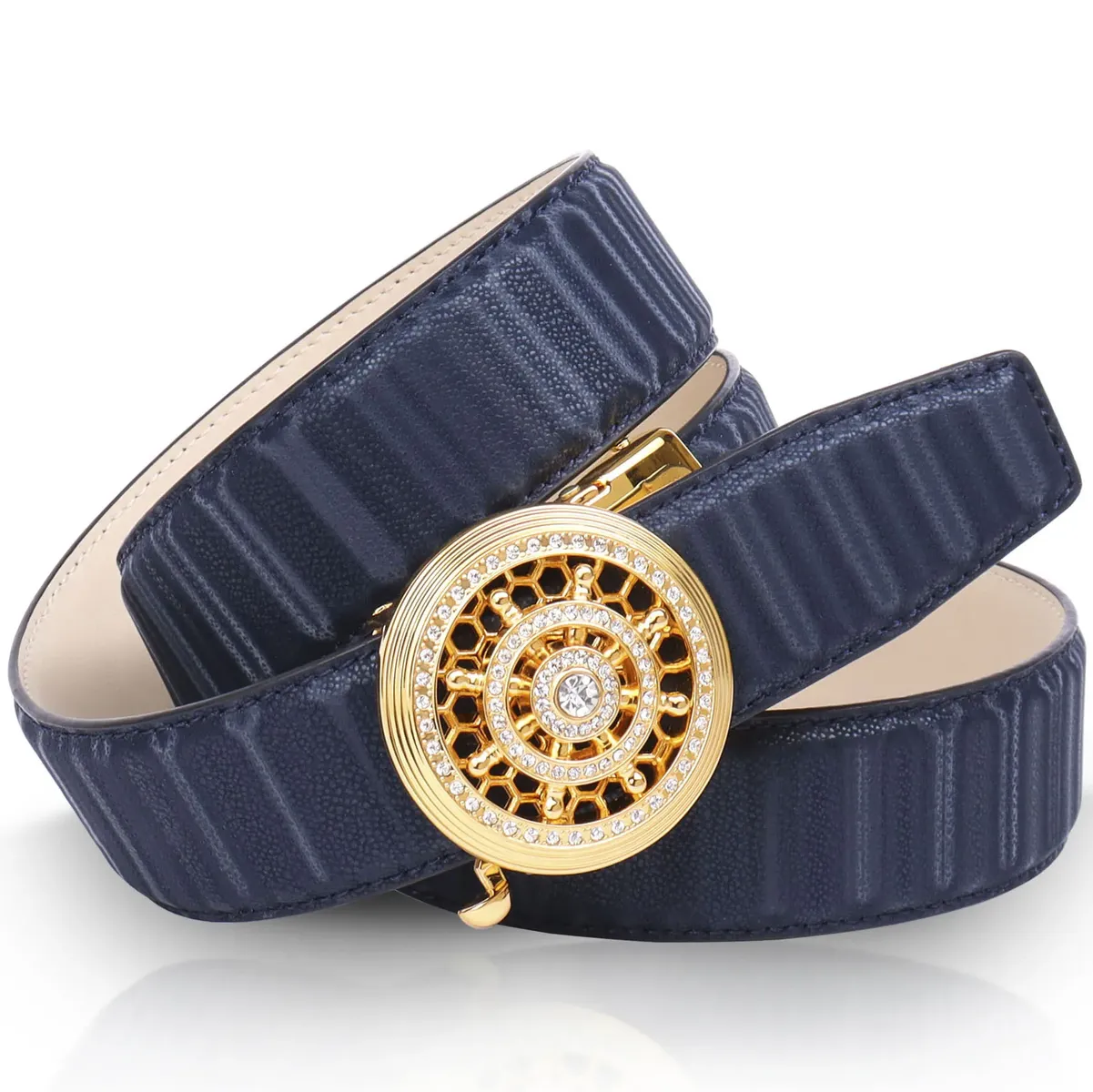 Кожаный ремень Anthoni Crown с автоматической застежкой золотого цвета и вращающимся рулем, синий
Кожаный ремень Anthoni Crown с автоматической застежкой золотого цвета и вращающимся рулем, синий