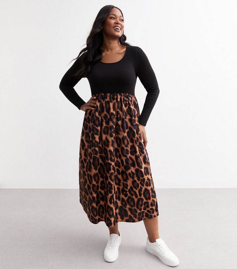 Черное платье миди с длинными рукавами и леопардовым принтом Curves New Look, коричневый
Черное платье миди с длинными рукавами и леопардовым принтом Curves New Look, коричневый