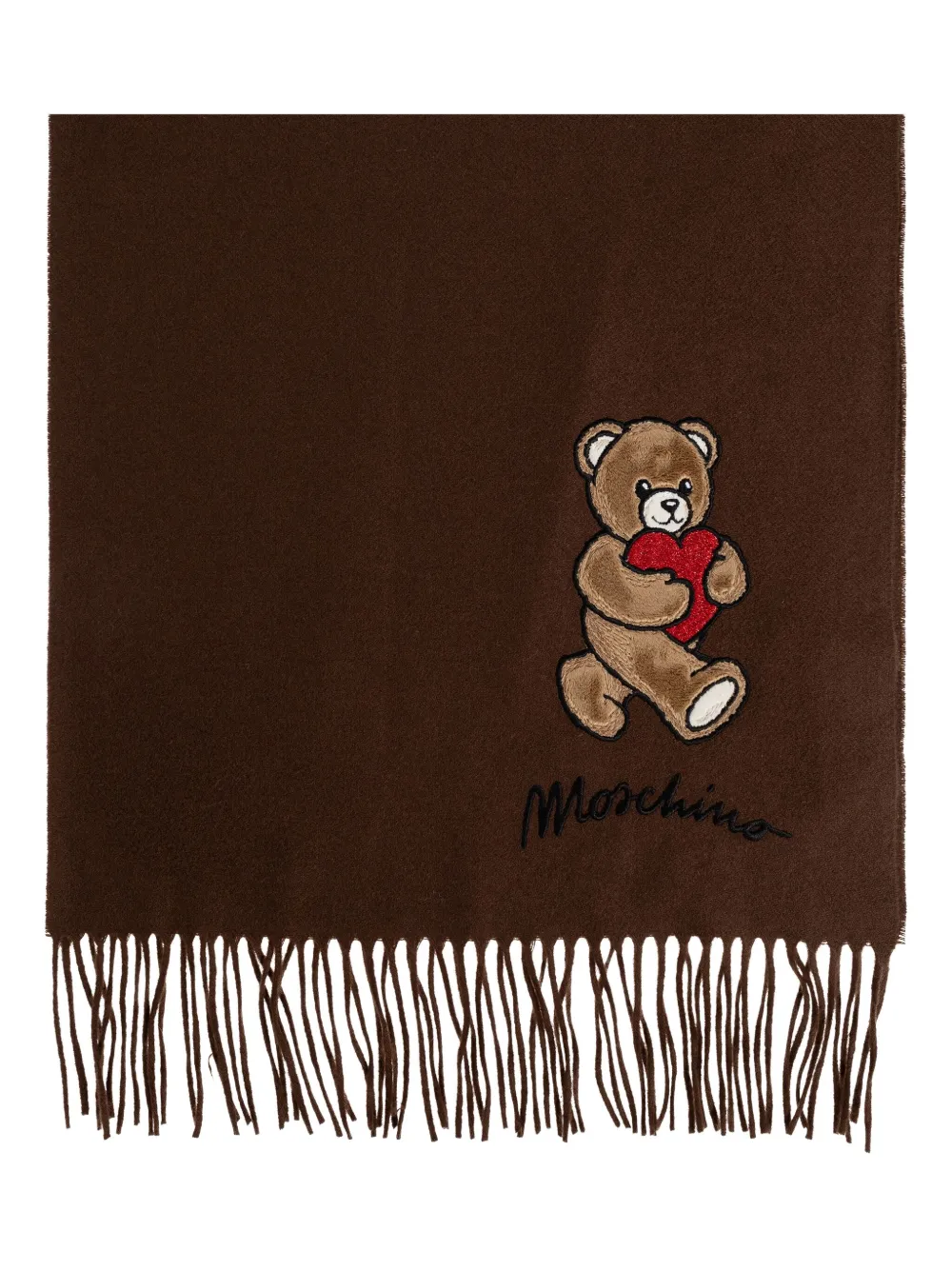 Шерстяной шарф с аппликацией в виде сердечка Тедди Moschino, коричневый 
Шерстяной шарф с аппликацией в виде сердечка Тедди Moschino, коричневый