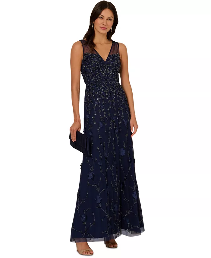 Женское бисерное платье без рукавов с V-образным вырезом Adrianna Papell, синий 
Женское бисерное платье без рукавов с V-образным вырезом Adrianna Papell, синий