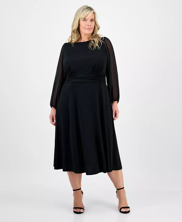 Платье миди больших размеров с присборенной талией и прозрачными рукавами Connected, черный 
Платье миди больших размеров с присборенной талией и прозрачными рукавами Connected, черный