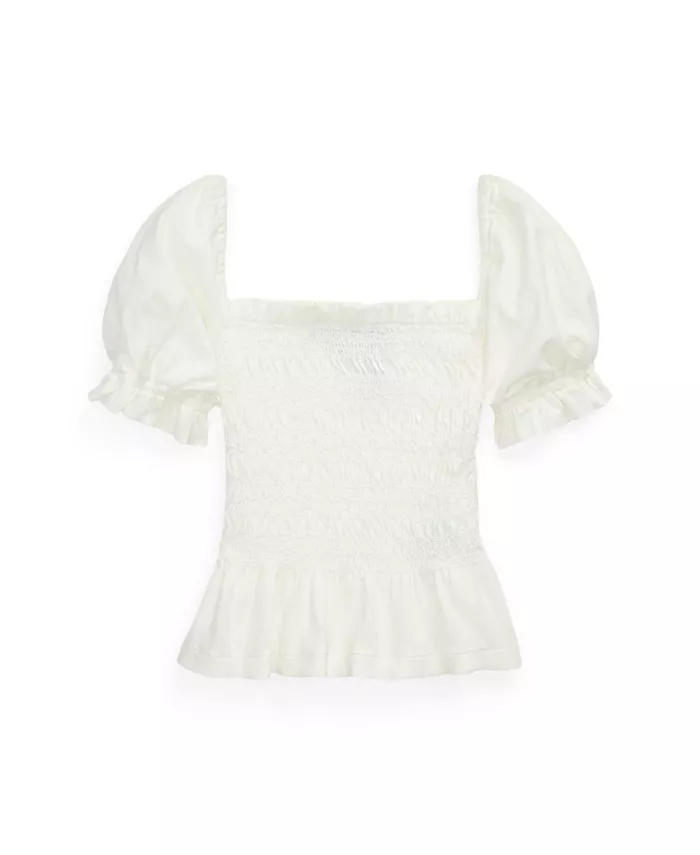 Топ с плиссированной кокеткой и баской для девочек Toddler и Little Girls из джерси Polo Ralph Lauren, белый 
Топ с плиссированной кокеткой и баской для девочек Toddler и Little Girls из джерси Polo Ralph Lauren, белый