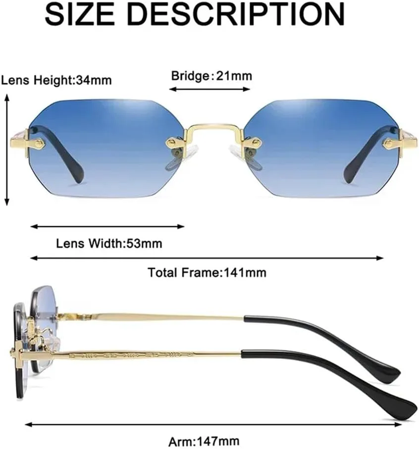 Солнцезащитные очки без оправы, прямоугольной формы, маленькие, мужские и женские, металлические, золотистые, многоугольные, синие, UV400, без оправы KTUCN, Gold Blue
Солнцезащитные очки без оправы, прямоугольной формы, маленькие, мужские и женские, металлические, золотистые, многоугольные, синие, UV400, без оправы KTUCN, Gold Blue