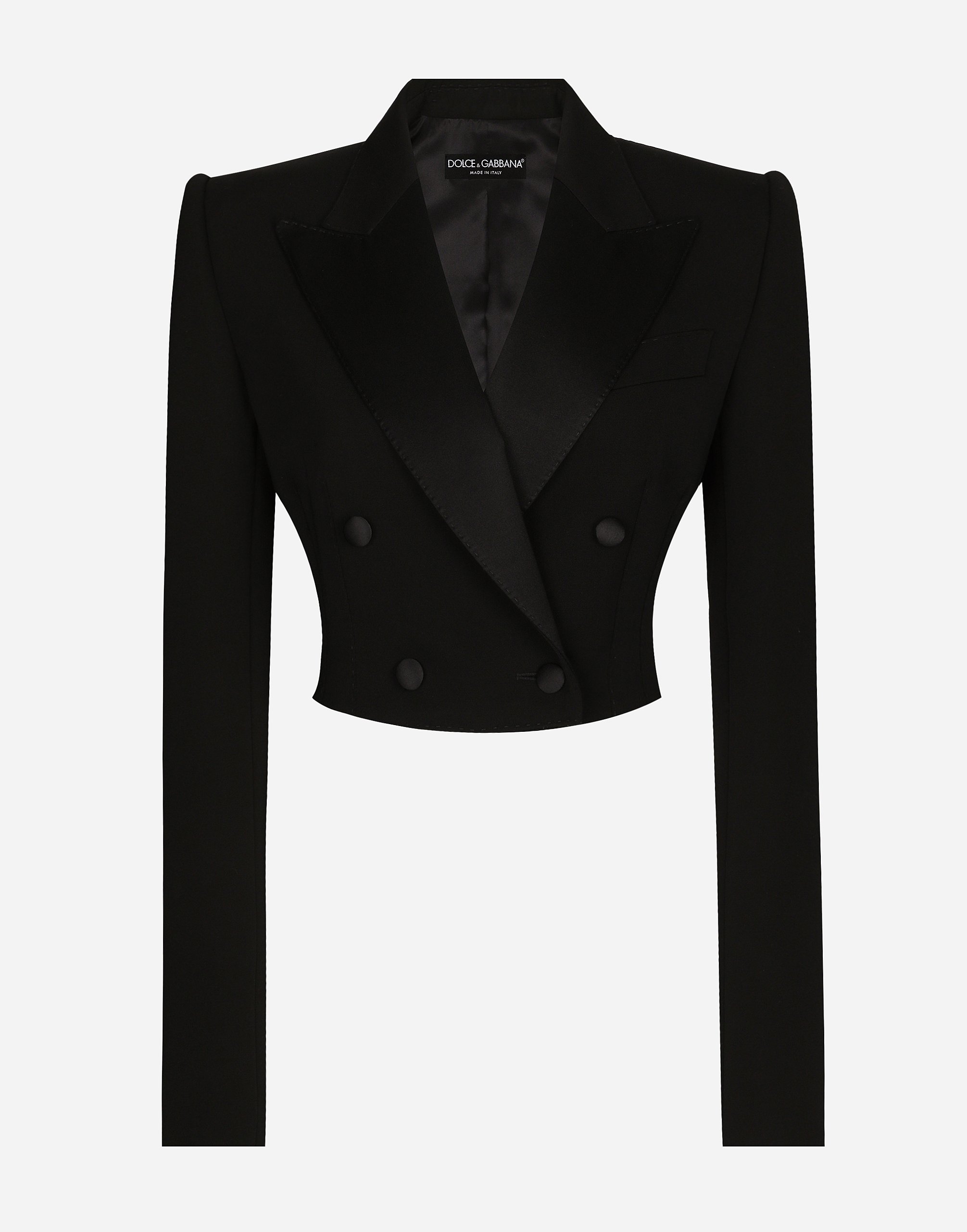 Укороченный двубортный смокинговый пиджак из шерстяной габардины Dolce & Gabbana, черный
Укороченный двубортный смокинговый пиджак из шерстяной габардины Dolce & Gabbana, черный