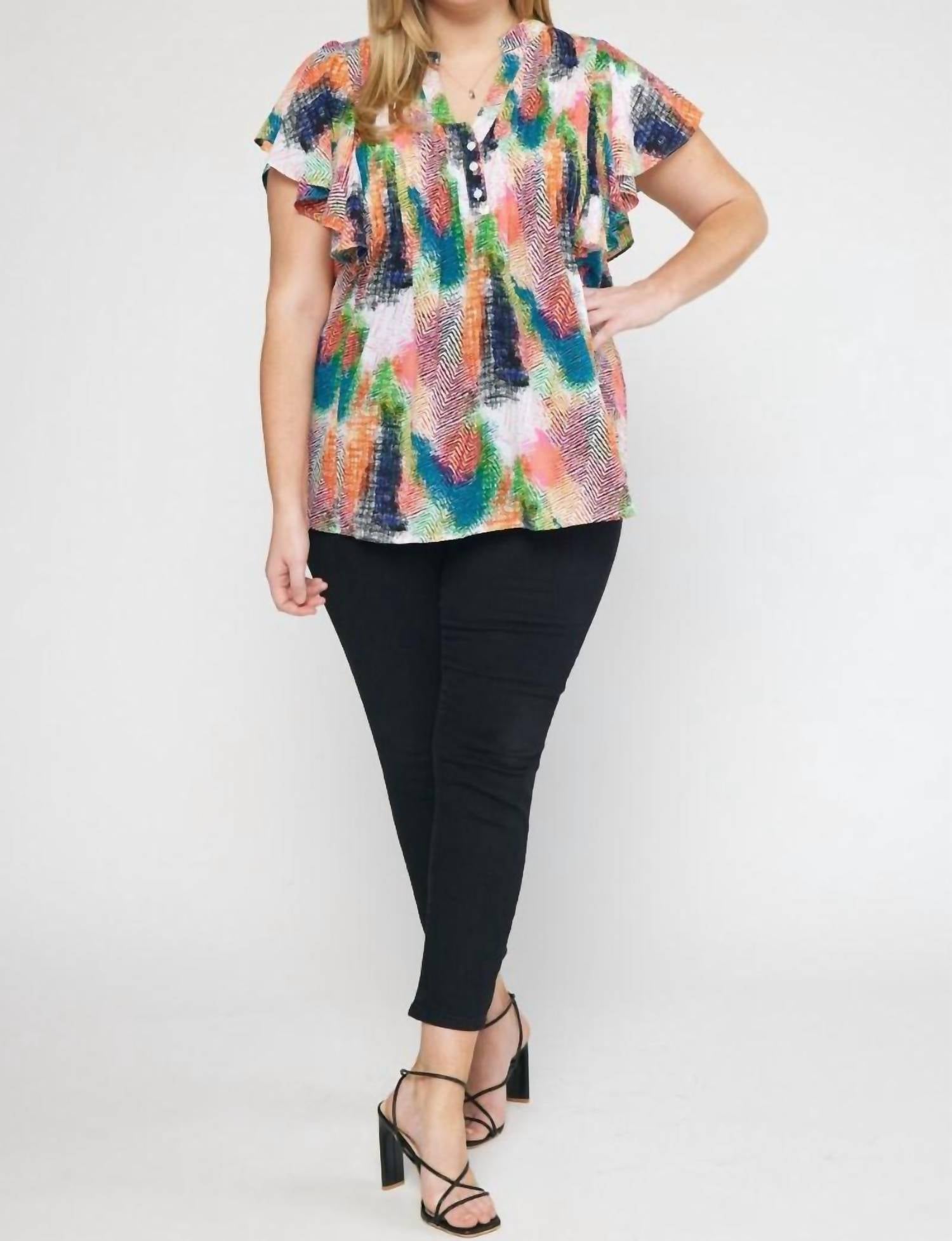 Топ с V-образным вырезом и оборками на рукавах с принтом зеленого и оранжевого цветов entro
Топ с V-образным вырезом и оборками на рукавах с принтом зеленого и оранжевого цветов entro