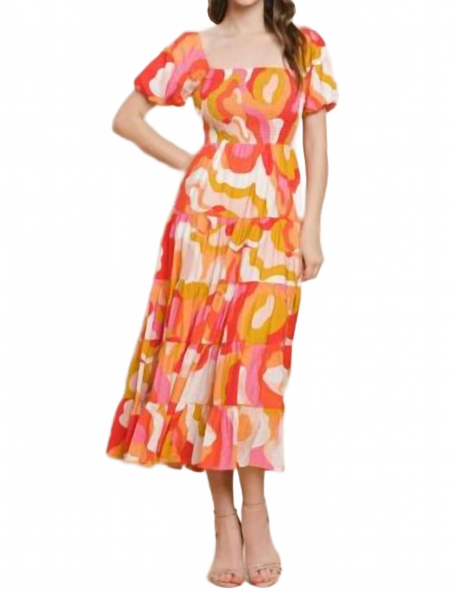 Платье миди с абстрактным принтом в оранжевых тонах TCEC
Платье миди с абстрактным принтом в оранжевых тонах TCEC