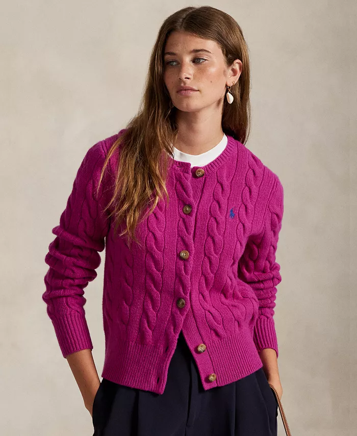 Женский кардиган-свитер из шерсти и кашемира с косичной вязкой Polo Ralph Lauren, розовый 
Женский кардиган-свитер из шерсти и кашемира с косичной вязкой Polo Ralph Lauren, розовый