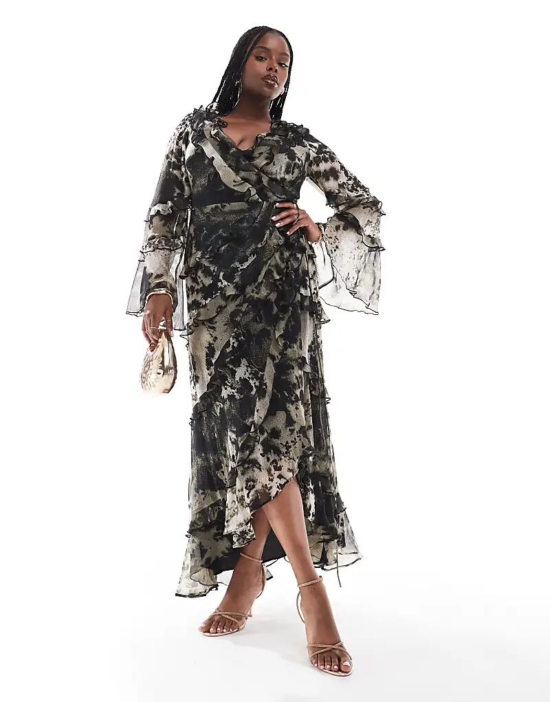 Эксклюзивное платье миди с оборками и асимметричным подолом в монохромном абстрактном стиле ASOS 
Эксклюзивное платье миди с оборками и асимметричным подолом в монохромном абстрактном стиле ASOS