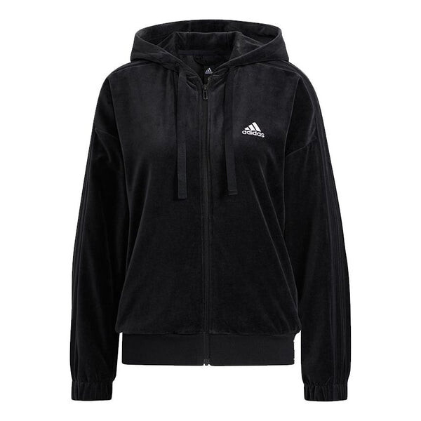 Куртка велюровая jkt бархатная куртка с капюшоном Adidas, черный 
Куртка велюровая jkt бархатная куртка с капюшоном Adidas, черный