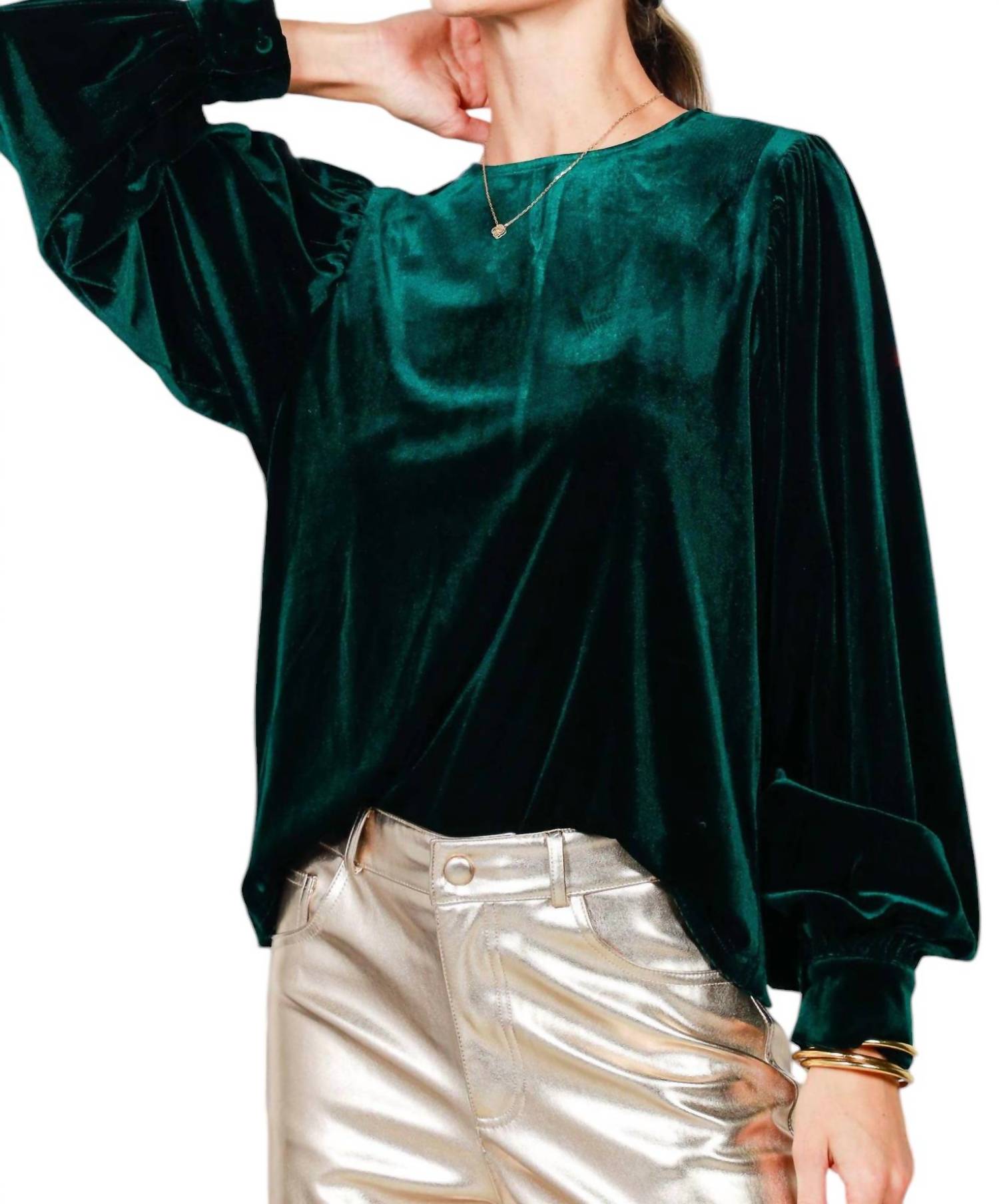 Изумрудная бархатная блузка с круглым вырезом и рукавами-фонариками в цвете Hunter Green Vine & Love
Изумрудная бархатная блузка с круглым вырезом и рукавами-фонариками в цвете Hunter Green Vine & Love