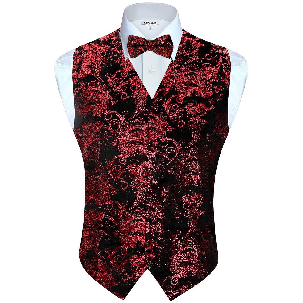 Мужской формальный жилет Gioberti из 4 предметов с узором пейсли, галстук-бабочка и нагрудный платок, цвет Metallic Black Red
Мужской формальный жилет Gioberti из 4 предметов с узором пейсли, галстук-бабочка и нагрудный платок, цвет Metallic Black Red